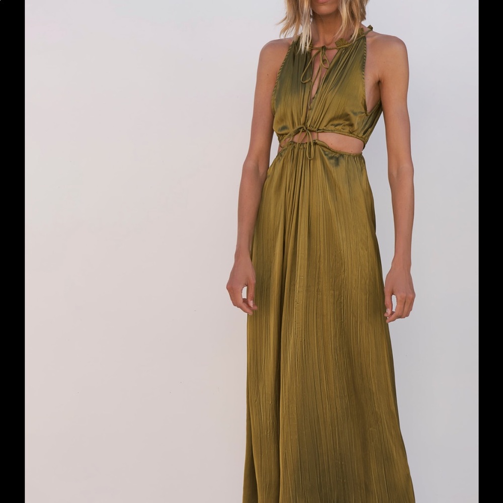 Zara Satin Effect Cut Out Dress Olive Green